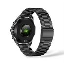 NX1 Pro elegant black smartwatch, seen from the back. Features a black metal link strap with brushed finish, a round case, bright green heart rate sensor, and charging pins. Studio render on white.
