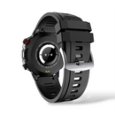 Black Smartwatch G102 back. Rugged black silicone strap, silver buckle. Round case shows 1.39" health tracking sensors, side buttons (one red accent). Text: 'SMART WATCH / HEALT TRACKING / MADE IN CHINA'. Real photo.