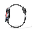 Smartwatch G102, side view. Robust black case with red accents, blue button, & black textured silicone strap with silver buckle. Features a round screen. Digital render.