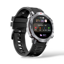 Smartwatch G102: Round 1.39" screen, black textured rubber strap, and rugged silver-grey metallic casing. Display shows time, date, battery, heart rate, blood oxygen, steps, and temperature. Side buttons marked "BACK" and "SPORT". High-quality graphic.