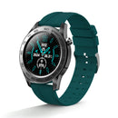 Graphic of a SmartWatch F22U. Features a dark teal silicone strap, silver case, and a digital display showing time, date, steps, temp, & heart rate. Bezel reads 'SMART WATCH'.