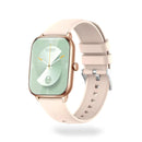 Rose gold SmartWatch with rectangular face and light pink silicone strap, silver buckle. Green-toned screen displays 12:06, Wed 06, and heart rate 104. Sleek, modern graphic design on white.