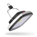 Portable black & silver LED solar lamp with a white light panel, red button, and metal hook handle, shown on a white background. Real product photo.