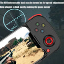 Black BSP-D3 mobile gamepad holding a phone displaying a desert FPS game. Features red shoulder buttons, colorful A/B/X/Y buttons, red-ringed joystick, and a 'STA' button. M2 speed adjustment text & scope graphic overlay.