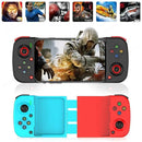 BSP-D3 mobile gamepad in matte black/red, holding a smartphone with a game. Below, the expandable controller is split, showing bright blue and red halves. Features dual joysticks, D-pad, face buttons (A,B,X,Y) for Android/iOS. Composite image.