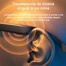 Graphic: Gafas Bluetooth PA3 with directional audio. A sleek dark glasses arm points orange sound waves at a stylized metallic ear (gold/blue reflections). Text describes music transfer 'dirigida a tus oídos' & awareness of external sounds.