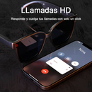 PA3 Bluetooth smart glasses (black, bronze/gold trim, dark lenses) next to a smartphone showing an incoming call from "Anna". Text: "Llamadas HD, Responde y cuelga tus llamadas con solo un click". Graphic design.