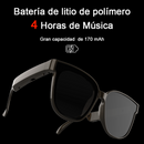 Graphic of folded black Wayfarer-style Bluetooth smart glasses with dark lenses & thick temples on black. Text details: 'Batería de litio de polímero', '4 Horas de Música' (red '4'), 'Gran capacidad de 170 mAh'.