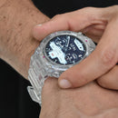 Real photo: A man's hand adjusts a DT5 smartwatch with a transparent plastic case & strap, silver screws, and magenta accents. The digital face shows time (14:21), steps, and heart rate. Visible buttons say 'SELECT', 'BACK', 'SPORT'.
