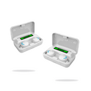 Two white wireless earbuds in open charging cases with green 100% digital battery displays and full earbud indicators. The compact cases, acting as powerbanks, hold earbuds with blue accents. Graphic design on a white background.