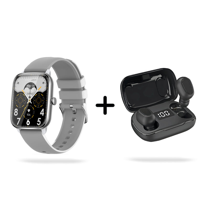 Gray smartwatch (KT65 Pro) with rectangular screen showing date/heart rate & black wireless in-ear earbuds (L21 Pro) in an open charging case displaying 100%. Product render, white background.