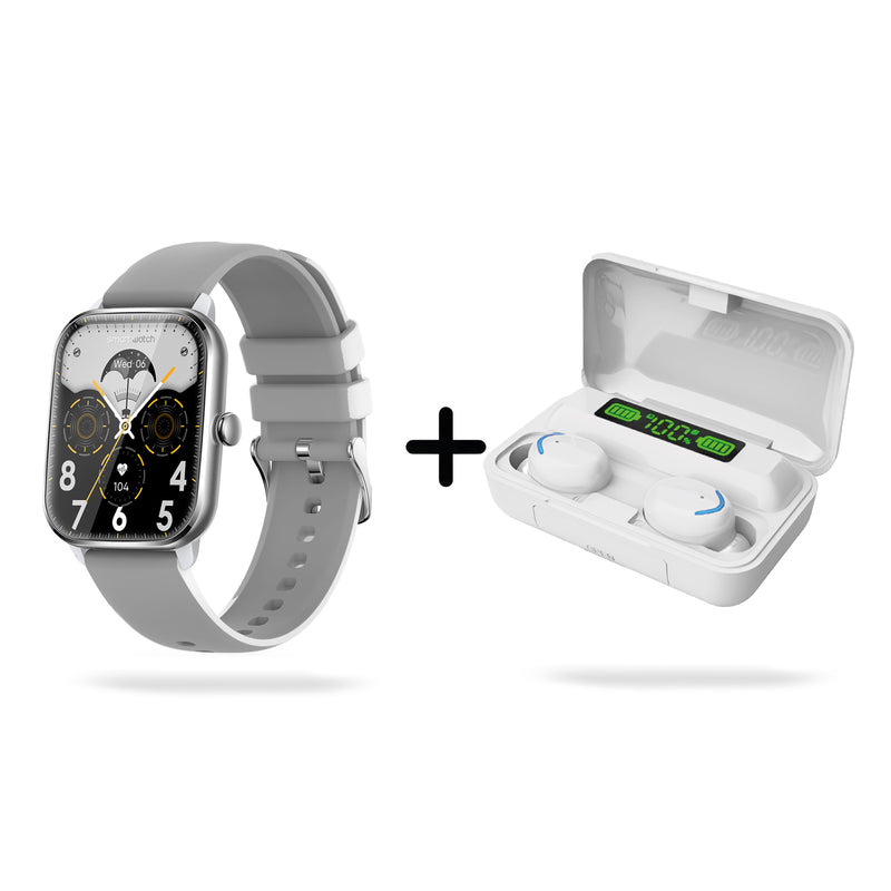Grey SmartWatch KT65 Pro with rectangular screen & silicone band, showing "Wed 06". White F9-5 wireless earbuds with blue accents in an open charging case displaying "100%" battery. Modern product combo.
