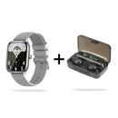 Grey smartwatch with silver rectangular case, silicone strap, digital face showing 'smartwatch', time & stats. Next to an open black wireless earbud case with earbuds, displaying 75% battery and 'OPEN' text. Product graphic.