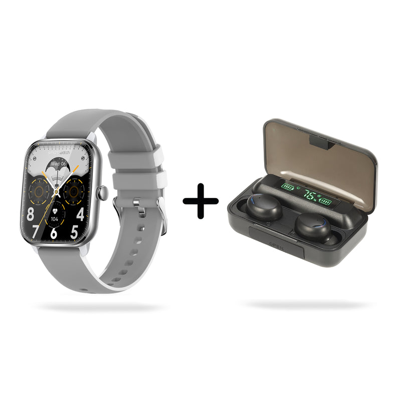 Grey smartwatch with silver rectangular case, silicone strap, digital face showing 'smartwatch', time & stats. Next to an open black wireless earbud case with earbuds, displaying 75% battery and 'OPEN' text. Product graphic.