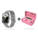 Gray smartwatch with a silver rectangular case and digital display showing 'smartwatch', date, and metrics. Next to it, an open pink charging case holds two pink wireless earbuds, displaying '100%' battery. Studio shot.