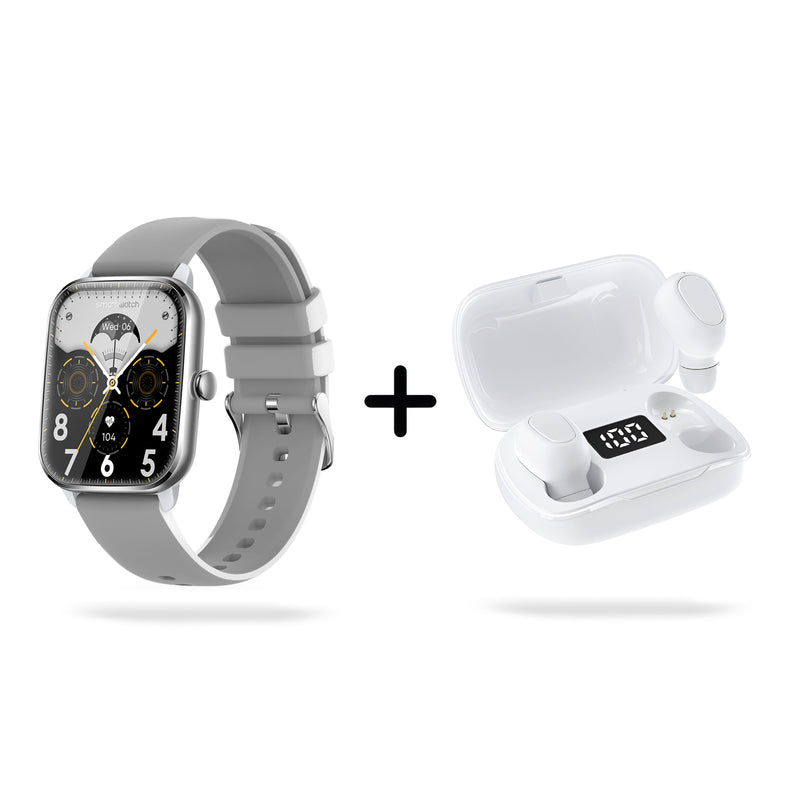 Gray silicone smartwatch with square silver face, displaying time & health data, alongside white wireless earbuds in an open charging case showing 100% battery. Graphic product render.