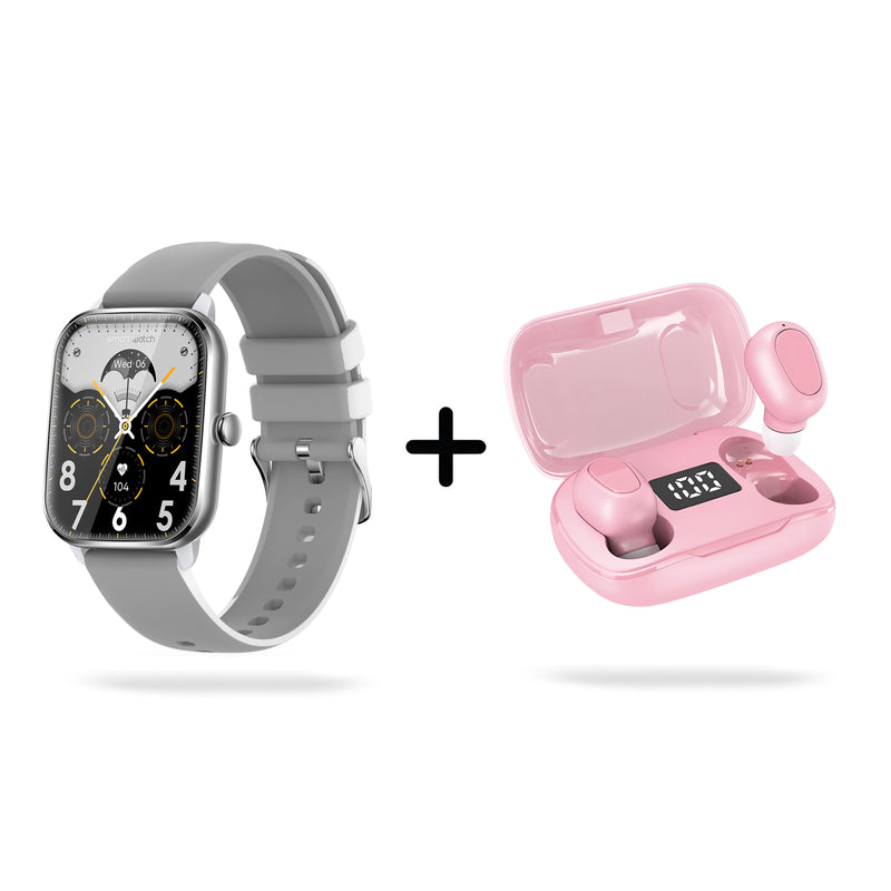Silver smartwatch with a grey silicone band & rectangular screen showing 'Wed 06', heart rate, and steps. Beside it, pink wireless earbuds in their open charging case, displaying '100%' battery. Product graphic.