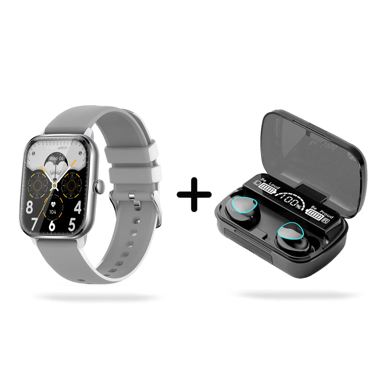 Graphic: Grey silicone smartwatch (rectangular display showing Wed 06, heart rate) + open black matte earbud case showing "100% Be Loud Be Proud" & glossy black earbuds. "Be Strong" on case lid.