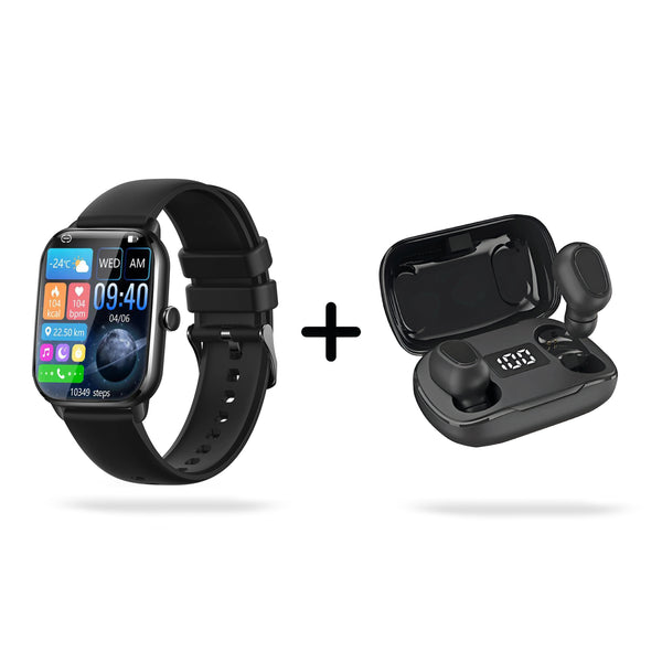 Black SmartWatch KT65 Pro with a rectangular screen showing time & fitness stats, alongside black L21 Pro Wireless Earbuds in their open charging case with a 100% LED display. Studio shot.