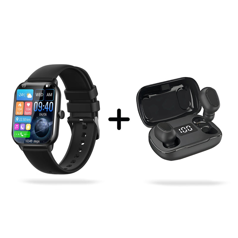 Black SmartWatch KT65 Pro with a rectangular screen showing time & fitness stats, alongside black L21 Pro Wireless Earbuds in their open charging case with a 100% LED display. Studio shot.
