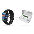 Black smartwatch with rectangular display showing time, fitness stats, and weather, paired with white wireless earbuds in an open charging case displaying 100% battery. Graphic product display.