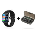 Black smartwatch with silicone strap and rectangular digital screen displaying 09:40, -24°C, & fitness stats. Beside it, black wireless earbuds are in an open charging case showing 75% battery. Studio product image on white.