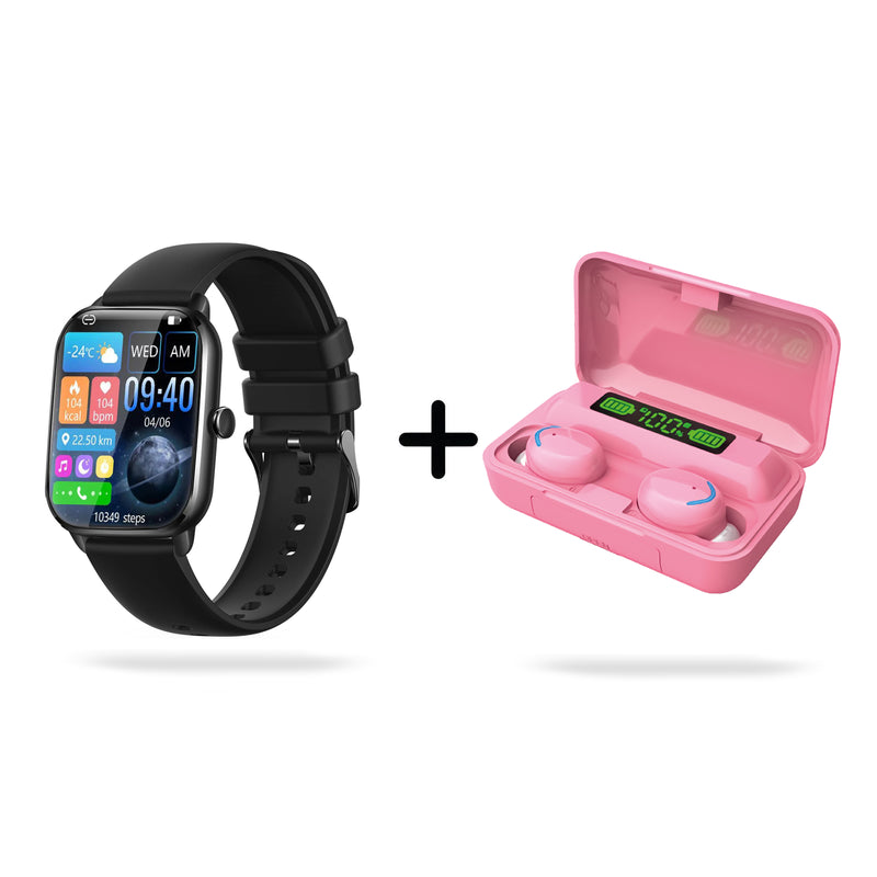 Black smartwatch with digital display showing time, weather, and fitness stats. Next to it, an open pink wireless earbud charging case with two pink earbuds, showing 100% charge. White background, graphic.