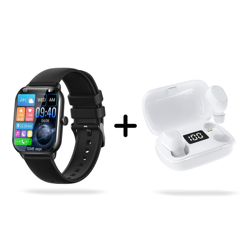Black smartwatch with rectangular display showing time, weather, & health stats (steps, heart rate), next to white wireless earbuds in an open charging case with 100% battery readout. Modern design. Graphic.