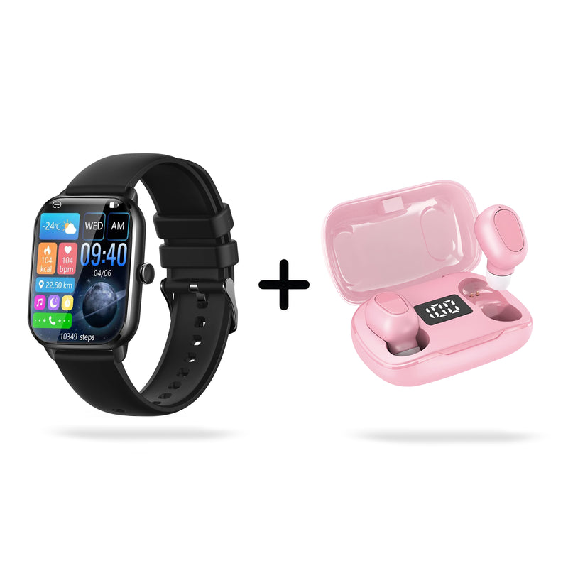 Black smartwatch with silicone band displaying time, temperature, and fitness metrics. Paired with open pink wireless earbuds in a charging case showing '100' battery. Product graphic.