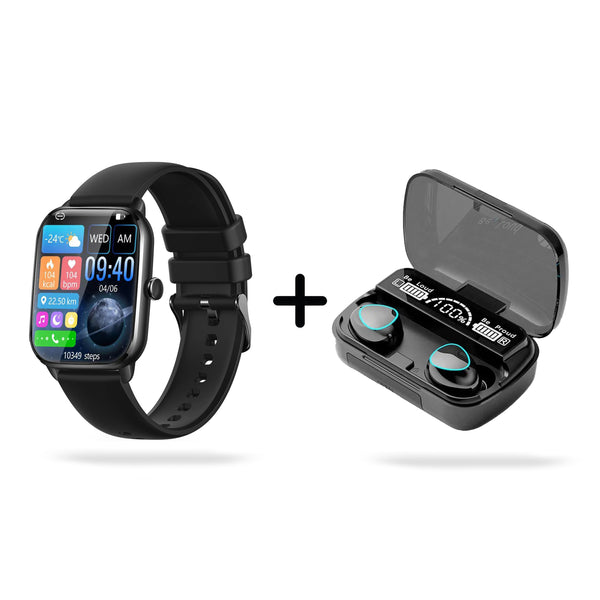Black smartwatch with rectangular display showing time & fitness stats, paired with black wireless earbuds in an open charging case. Case displays '100%' battery, 'Be Loud,' 'Be Proud' & has a translucent lid. Real product photo on white.