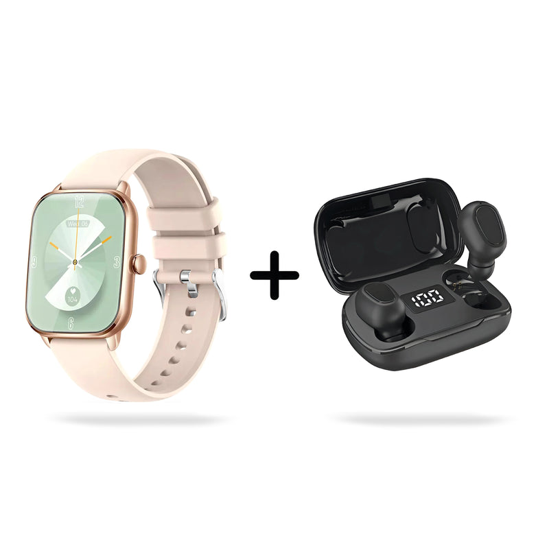 Smartwatch KT65 Pro, rose gold frame & light pink silicone band, shows date/heart rate. Alongside, an open black L21 Pro wireless earbud case with earbuds, displaying "100%" battery. Graphic product combo.
