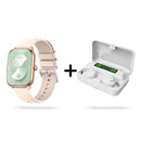 Rose gold smartwatch with pale pink silicone band, rectangular screen displaying Wed 08. Next, white wireless earbuds in an open charging case show 100% battery, with blue accents on the earbuds. Graphic product image.
