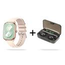 Rose gold smartwatch with cream silicone strap, rectangular screen showing date/time/steps, plus black wireless earbuds in open case with 75% battery display and "OPEN" text. Graphic product combo on white background.