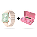 KT65 Pro smartwatch with rose gold case, cream silicone strap, and green digital face showing Wed 08, 104 BPM. Paired with pink F9-5 wireless earbuds in an open charging case showing 100% battery. Studio product image.