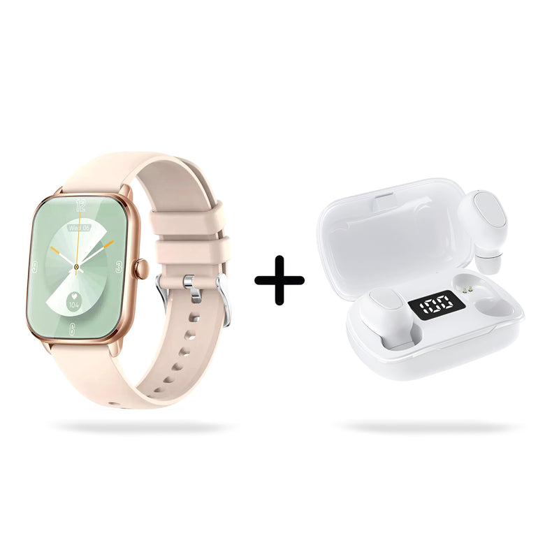 Graphic: KT65 Pro rose gold smartwatch with light pink silicone band & L21 Pro white wireless earbuds in open charging case. Smartwatch shows "Wed 08", earbuds case shows "100%" battery. Modern tech combo on white background.