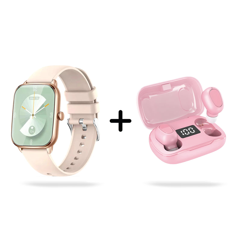Graphic design of a rose gold smartwatch with light pink silicone band and green display, next to an open shiny pink wireless earbud case showing '100' charge, with two in-ear earbuds. White background.
