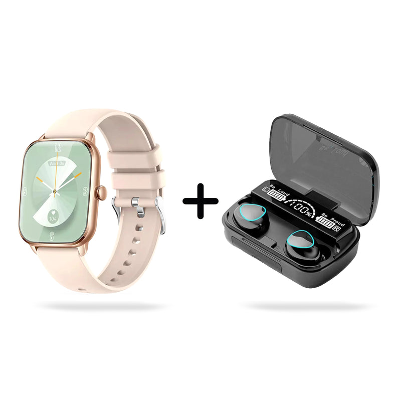 Rose gold smartwatch with rectangular screen, green watch face showing Wed 08, light pink silicone strap. Beside it, black wireless earbuds in an open case displaying '100%', 'Be Loud Be Proud Be Strong'. White background product photo.