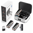 S18Pro Wireless Microphone system: two sleek black & rose gold mics, an open white charging case with "100" display, black USB-C receiver, PC adapter, and a product box highlighting "Wireless Micr Microphone", "Durable", "Noise reduction". Studio shot.