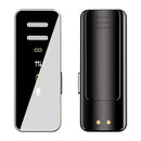 S18Pro wireless microphone system components. One sleek black unit with a glossy silver/white display showing signal, battery, and mic icons. The other is a matte black unit with two gold contacts. Both are compact, rectangular graphic designs.