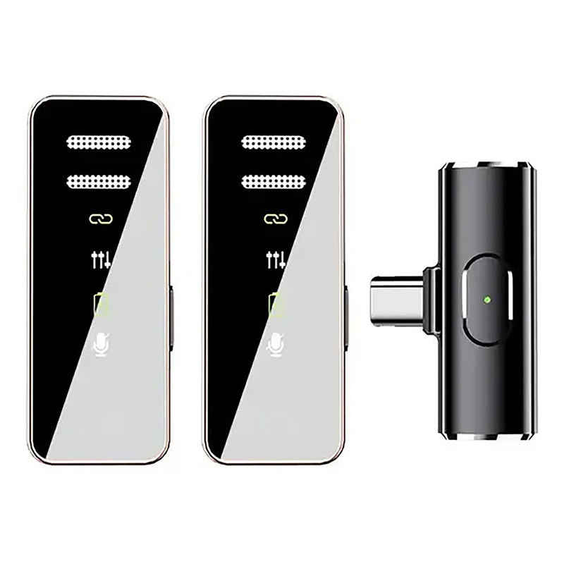 S18Pro wireless microphone set: Two compact, sleek transmitters with dark glossy tops showing signal, link, battery, and mic icons, light grey bottoms, and rose gold metallic trim. Includes one black cylindrical USB-C receiver with a green LED indicator. Studio photo.