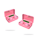 Two pink F9 wireless earbuds in their open powerbank cases, each displaying '100%' battery on a digital screen. Glossy pink plastic with blue earbud accents.