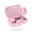 Glossy pink L21 Pro Bluetooth earbuds, one removed from its open charging case with a white tip, showing an LED '100' battery display. Clean graphic on white.