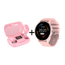 Pink smartwatch with round digital display showing 20:20, 03-08, 23°C, paired with matching pink wireless earbuds in open charging case showing "100" charge. A clear product graphic.