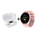 Pink smartwatch with a round black screen displaying time, date, and temperature. Next to it, white wireless earbuds in an open charging case showing "100" charge. Graphic product combo.