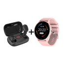 Black wireless earbuds in an open charging case showing "100" charge. Beside them, a pink smartwatch with a round digital screen displaying 20:20, Wed 03-08, 23°C, steps, and heart rate. Graphic design.