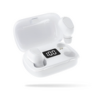 White matte L21 Pro Bluetooth earbuds in an open charging case, displaying '100' on its digital battery percentage screen. One earbud is nested, the other slightly lifted. Real product photo.