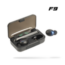 Black F9 wireless earbuds: open charging case shows digital '76%' powerbank battery, one earbud removed, glowing blue. Matte plastic product shot.