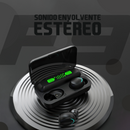 Black F9 wireless earbuds & power bank case. Open case shows green 100% LED display with one earbud inside, another outside. Sleek design, black plastic on a silver ribbed surface. Text: "SONIDO ENVOLVENTE ESTEREO". Graphic.