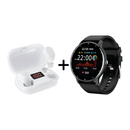 Black round smartwatch with a digital display (22:00, fitness stats) and black band. White wireless earbuds in an open charging case show '100%' charge. Real product shot on a white background, highlighting a tech combo of watch and earbuds.