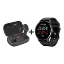Black smartwatch with round display (22:00, date, heart rate graph) & black wireless earbuds in charging case showing "100" battery. A combo graphic on white.